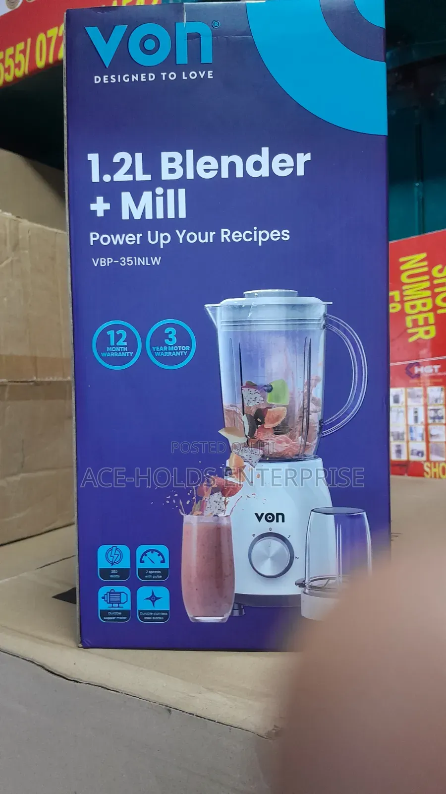 Von 2 in 1 Blender/ Grinder 500Watts - 1.2 Litres Capacity