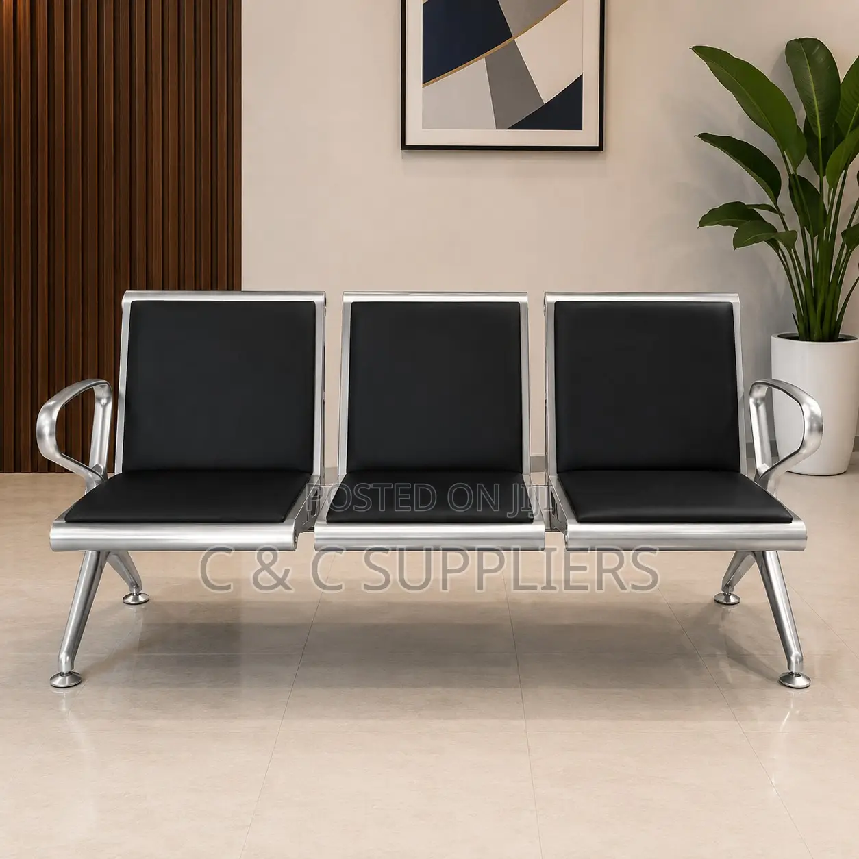 3-Seater Black Padded Waiting Bench