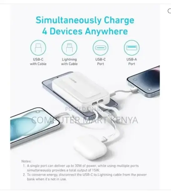 Anker ()mAh, 30W High Speed Power Bank Built in USB-C Cable(White)