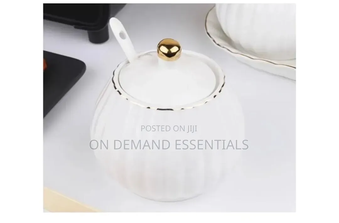 Gold Rimmed Ceramic Sugar Dish With Spoon