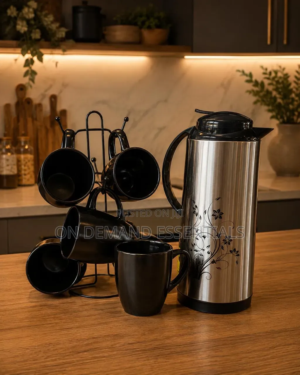 7pcs All Black Breakfast Set (6 Black Cups+1.7ltr Bflask)