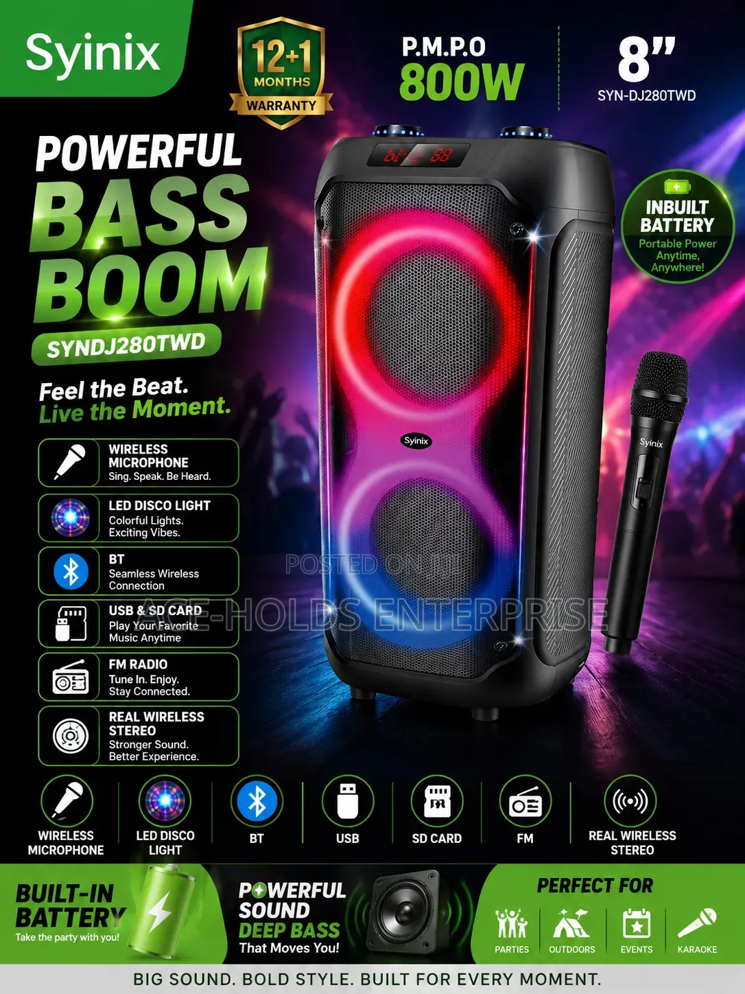 8" Inches Syinix Audio Party Boom Box Speaker (Built-in Battery)