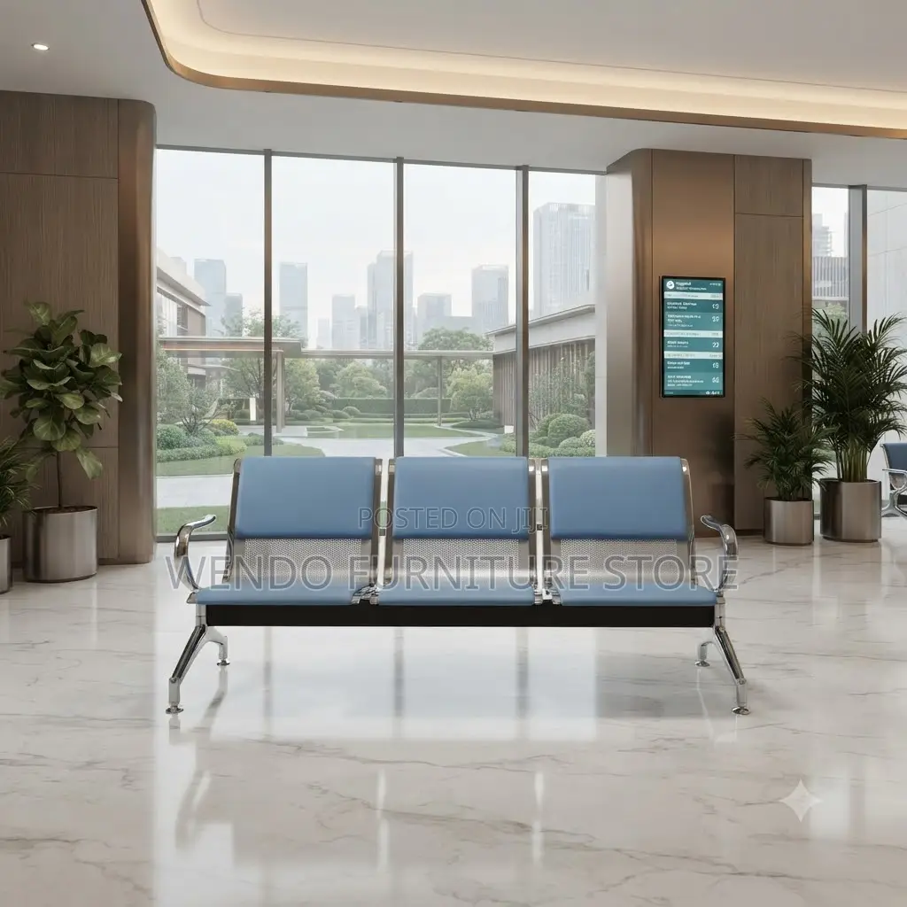 Office Benches; Three Seaters Leather Reception Bench With Metal Rest