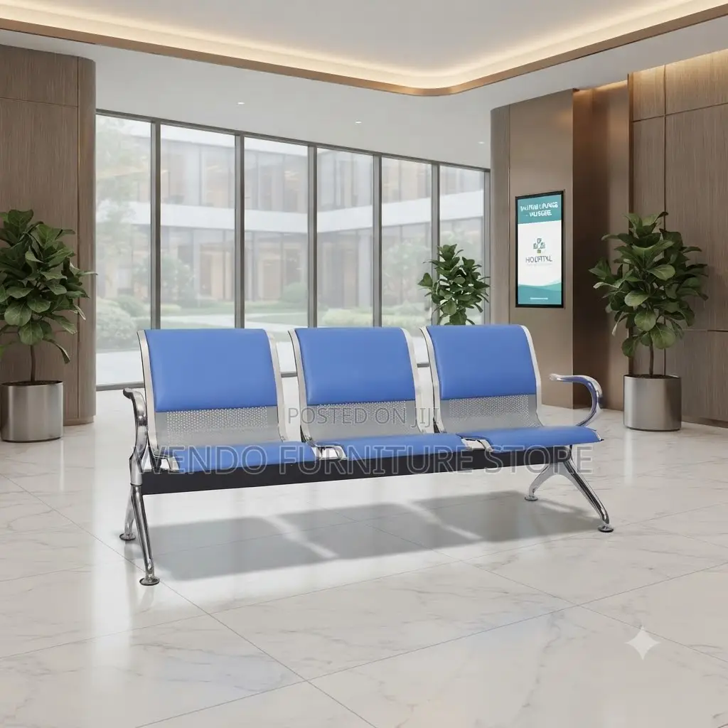 Office Benches; Three Seaters Leather Reception Bench With Metal Rest