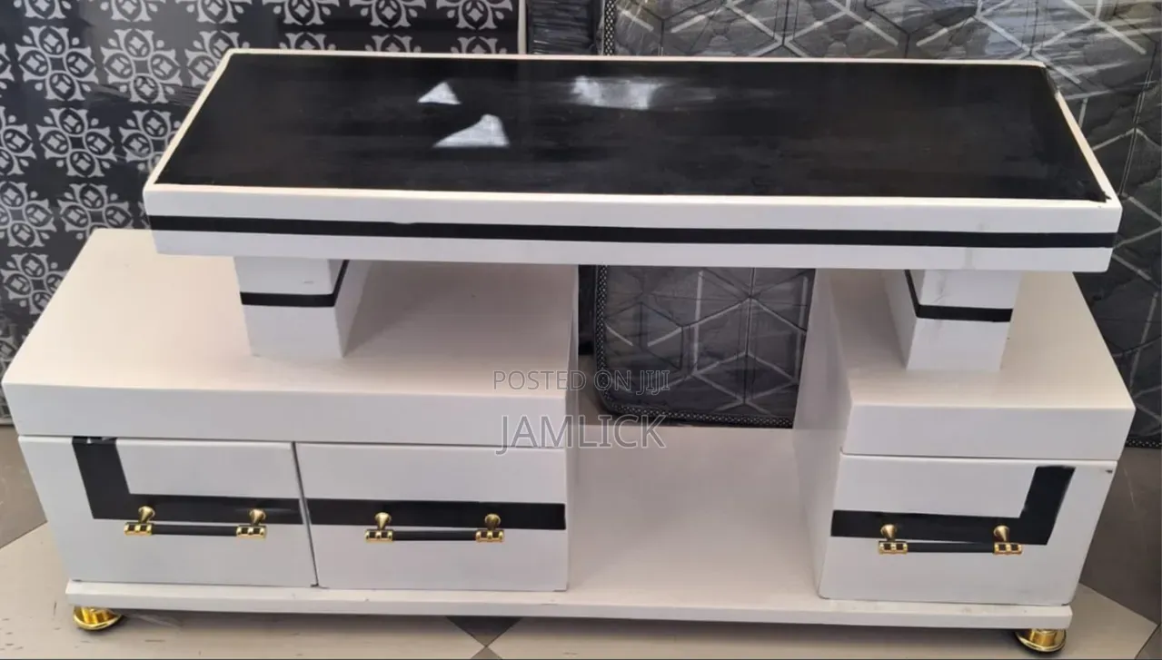 Black White Marble Finish Wooden TV Stand - Pt