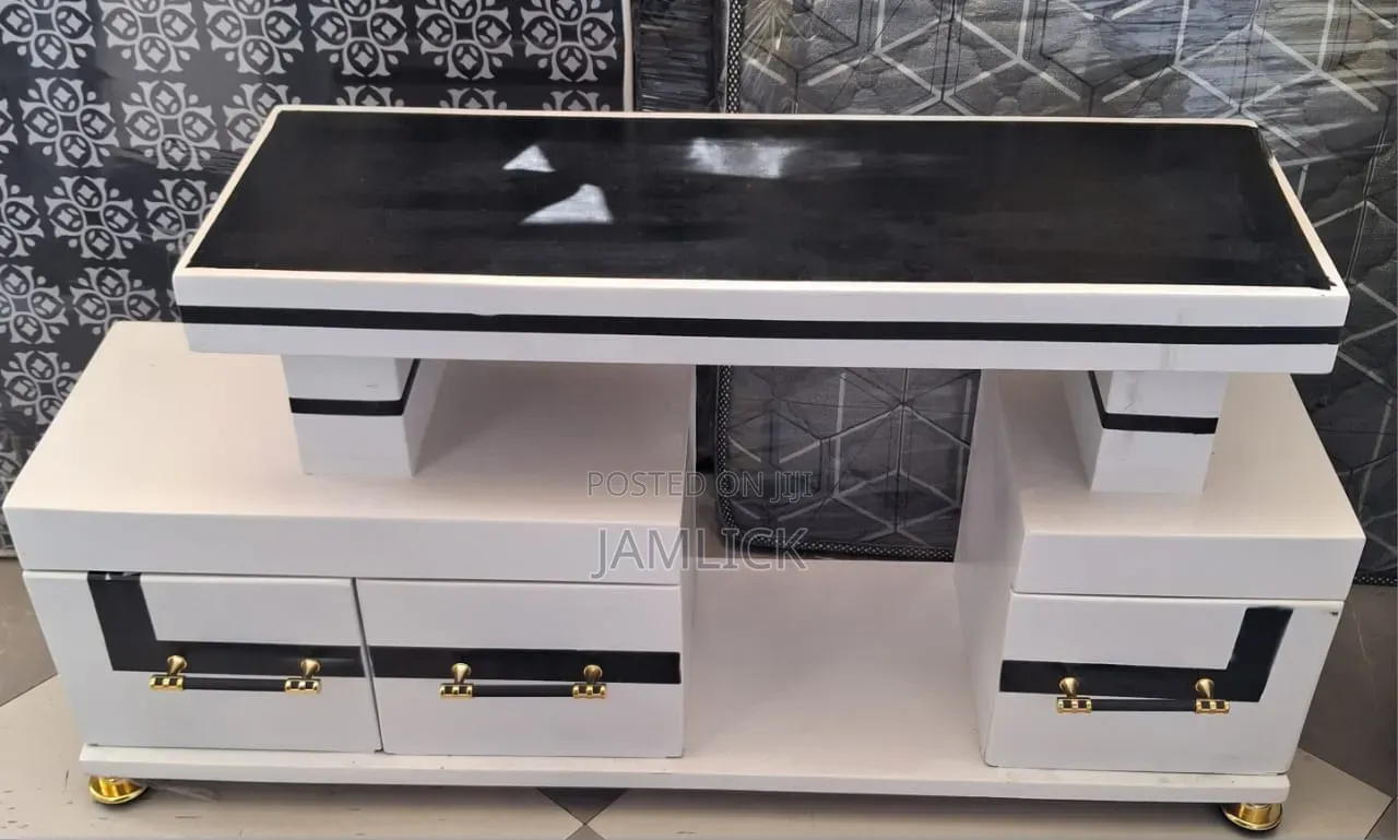 Black White Marble Finish Wooden TV Stand - Pt