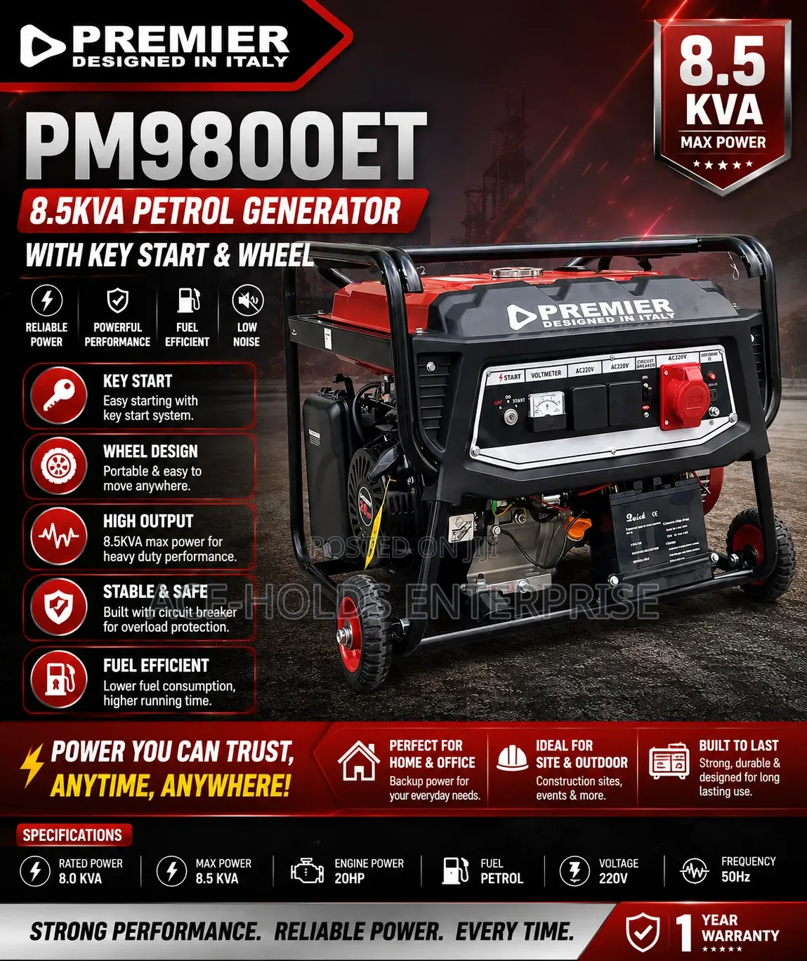 8.5KVA Premier Key Start Generator - Home, Site Outdoor Use