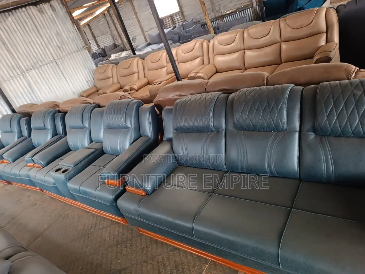 7 Seater Black Leather Semi Recliner Sofa Set