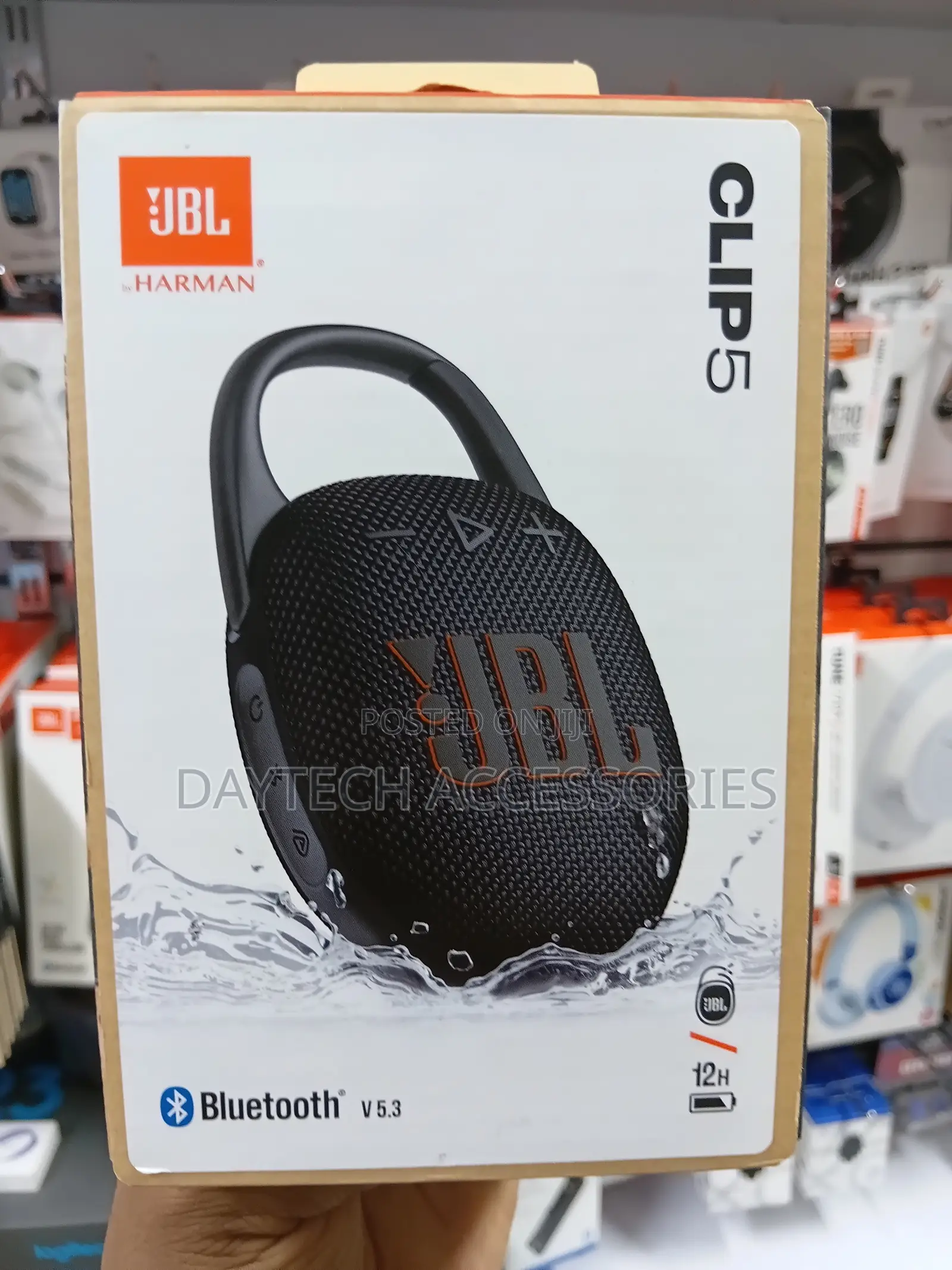 The JBL Clip 5 Ultra-Portable Waterproof Bluetooth Speaker.