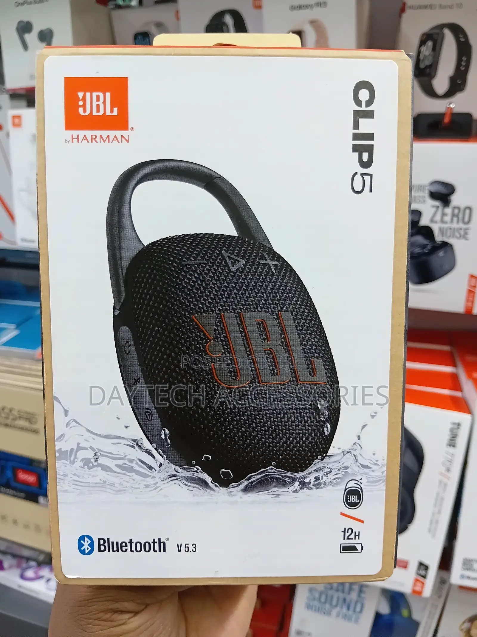 The JBL Clip 5 Ultra-Portable Waterproof Bluetooth Speaker.