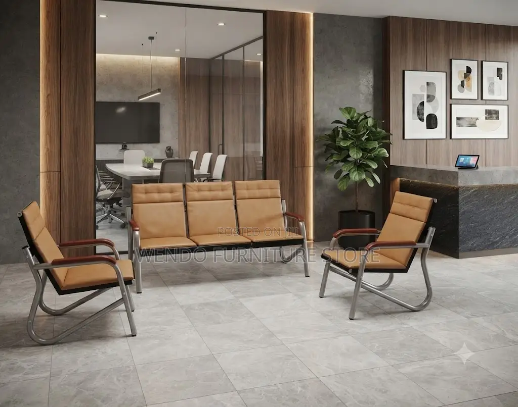 Office Sofa; Five Seater Leather Brown Cushioned Office Sofa Set