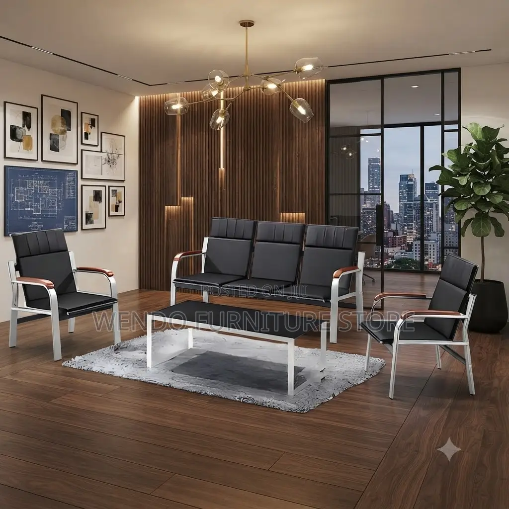 Office Sofa; Five Seater Leather Brown Cushioned Office Sofa Set