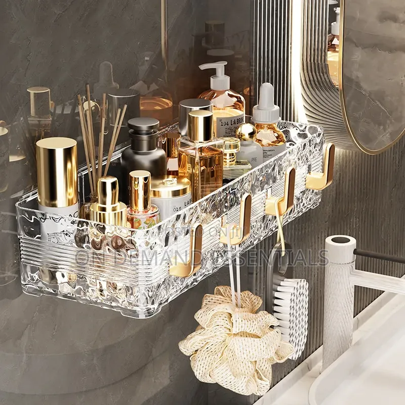 Acrylic Wave Patterned Storage Shelf With Gold Colored Hooks