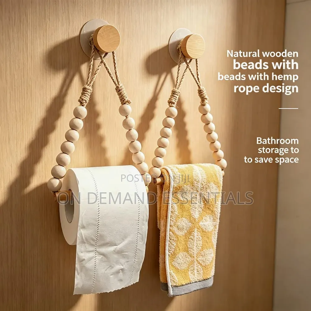 Boho-Style Toilet Paper Holder Rustic Wooden Bead Design