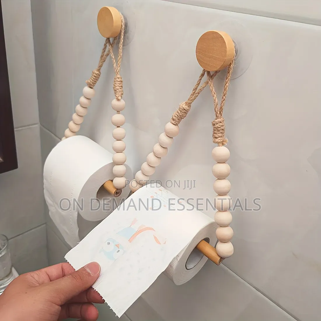 Boho-Style Toilet Paper Holder Rustic Wooden Bead Design