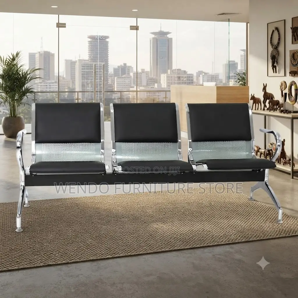 Office Bench; Three Seater Leather Metallic Bench With Leather Cushion