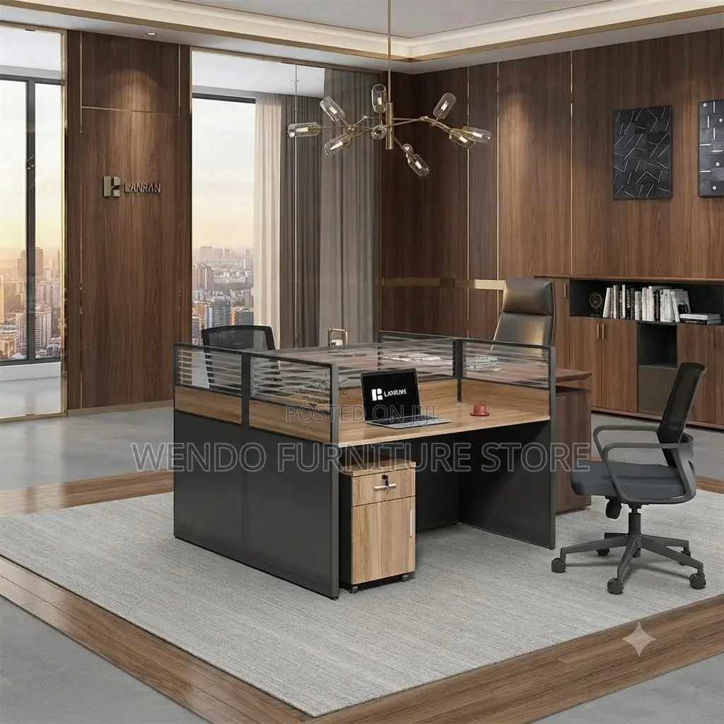 Office Workstation; Two Users Square Shaped Brown Office Workstation