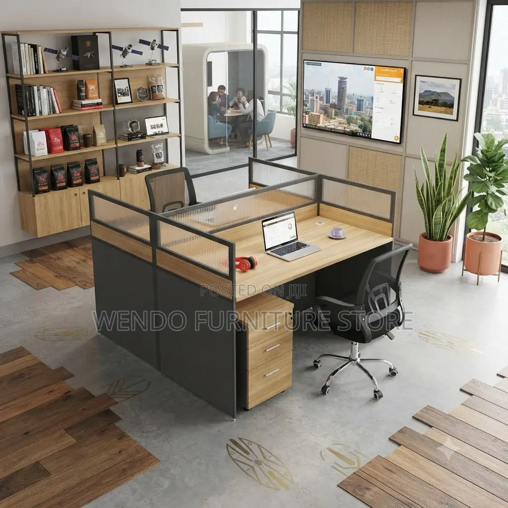 Office Workstation; Two Users Square Shaped Brown Office Workstation