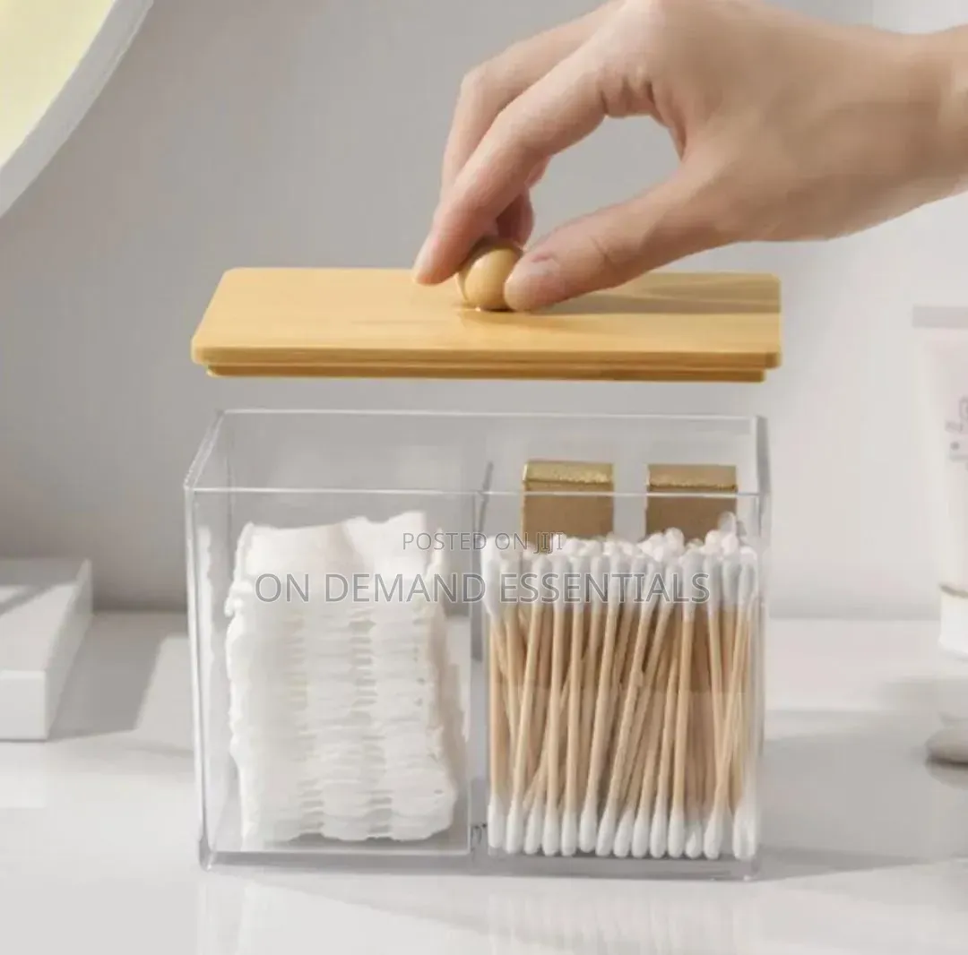 Acrylic Earbuds/Swab Organizer With Bamboo Cover