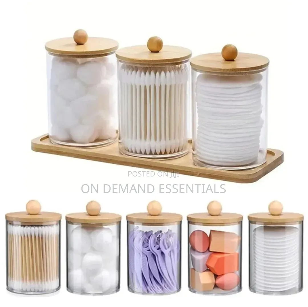 3pcs Set Acrylic Swab Storage Organizer With Bamboo Holder