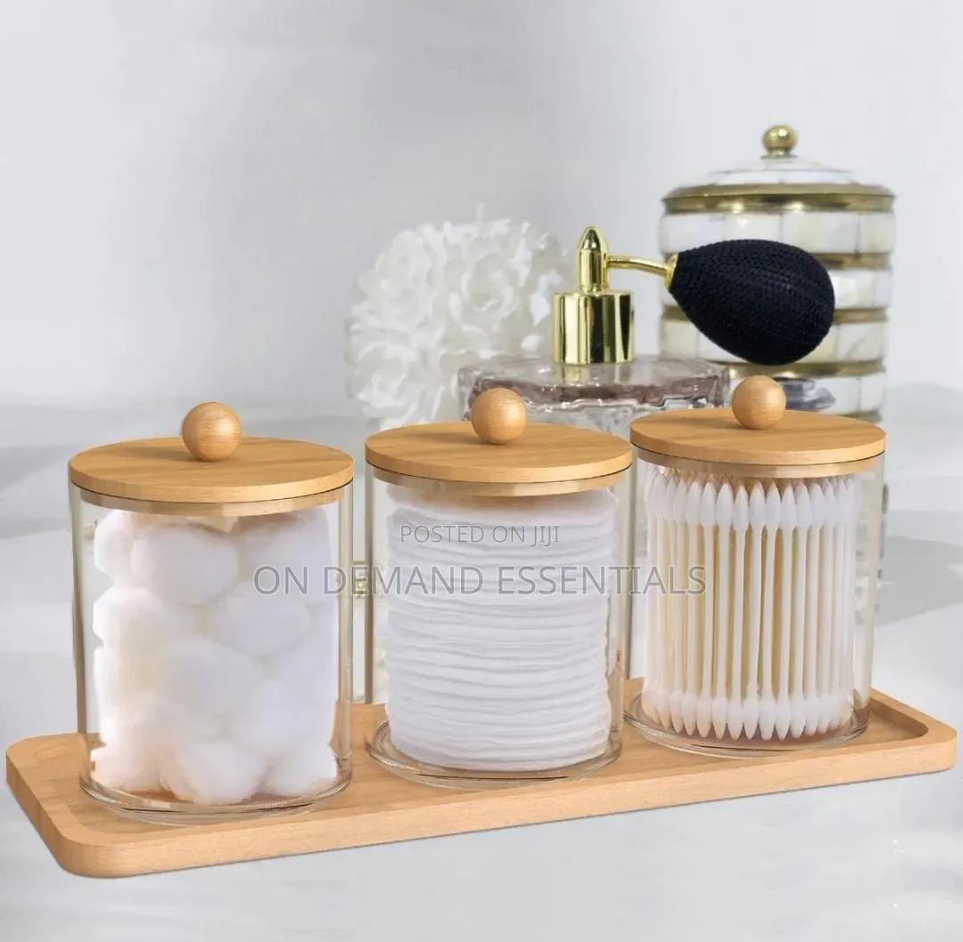 3pcs Set Acrylic Swab Storage Organizer With Bamboo Holder