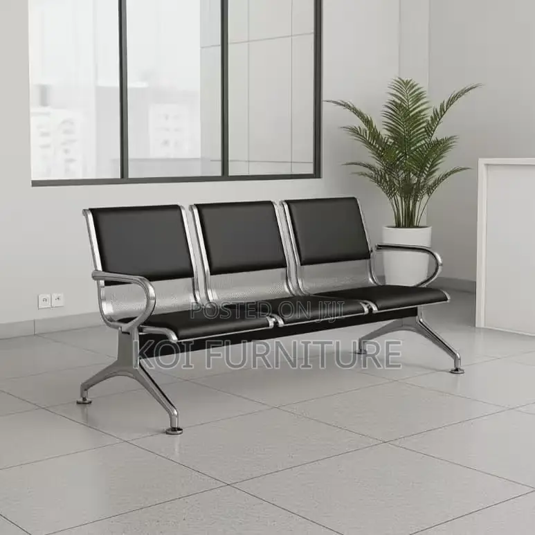 Office Bench; Three Seater Leather Cushioned Bench With Metal
