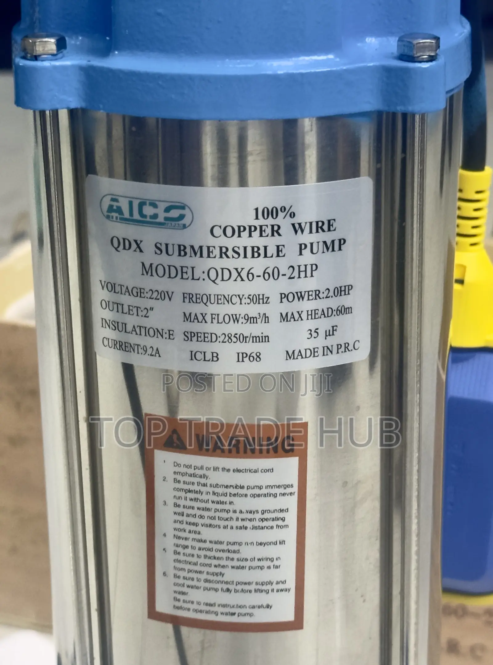 Aico QDX6-60-2HP AC Submersible Water Pump 2" Outlet 60m Head 150l/Min