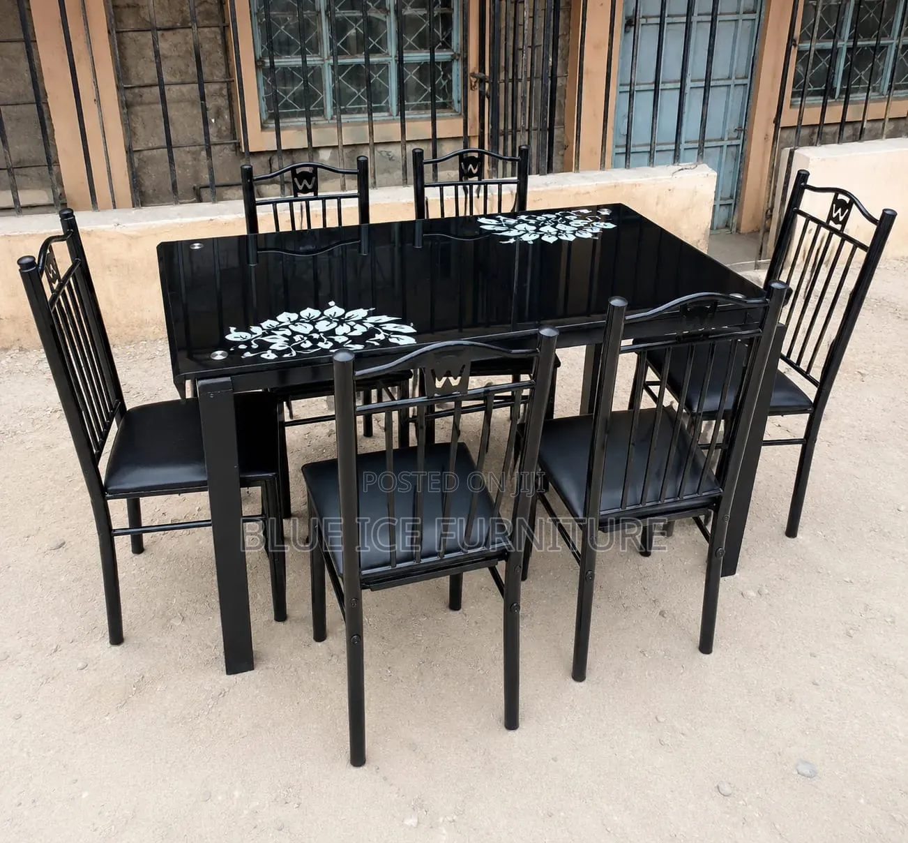Modern 6-Seater Black Glass Dining Table Set With 6 Metal Chair