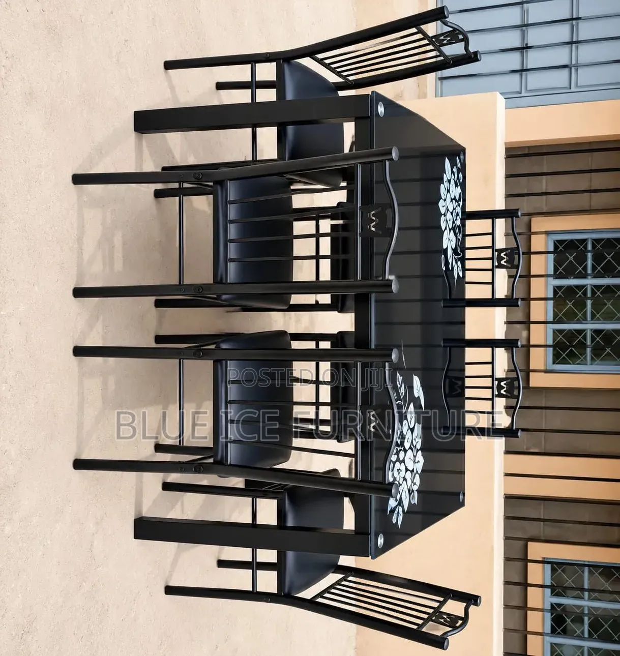 Modern 6-Seater Black Glass Dining Table Set With 6 Metal Chair