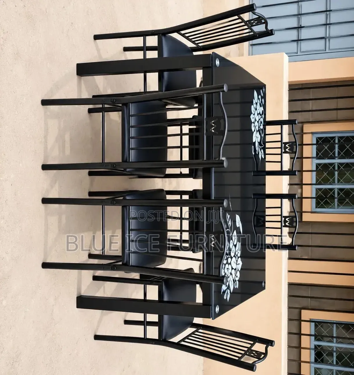Modern 6-Seater Black Glass Dining Table Set With 6 Metal Chair