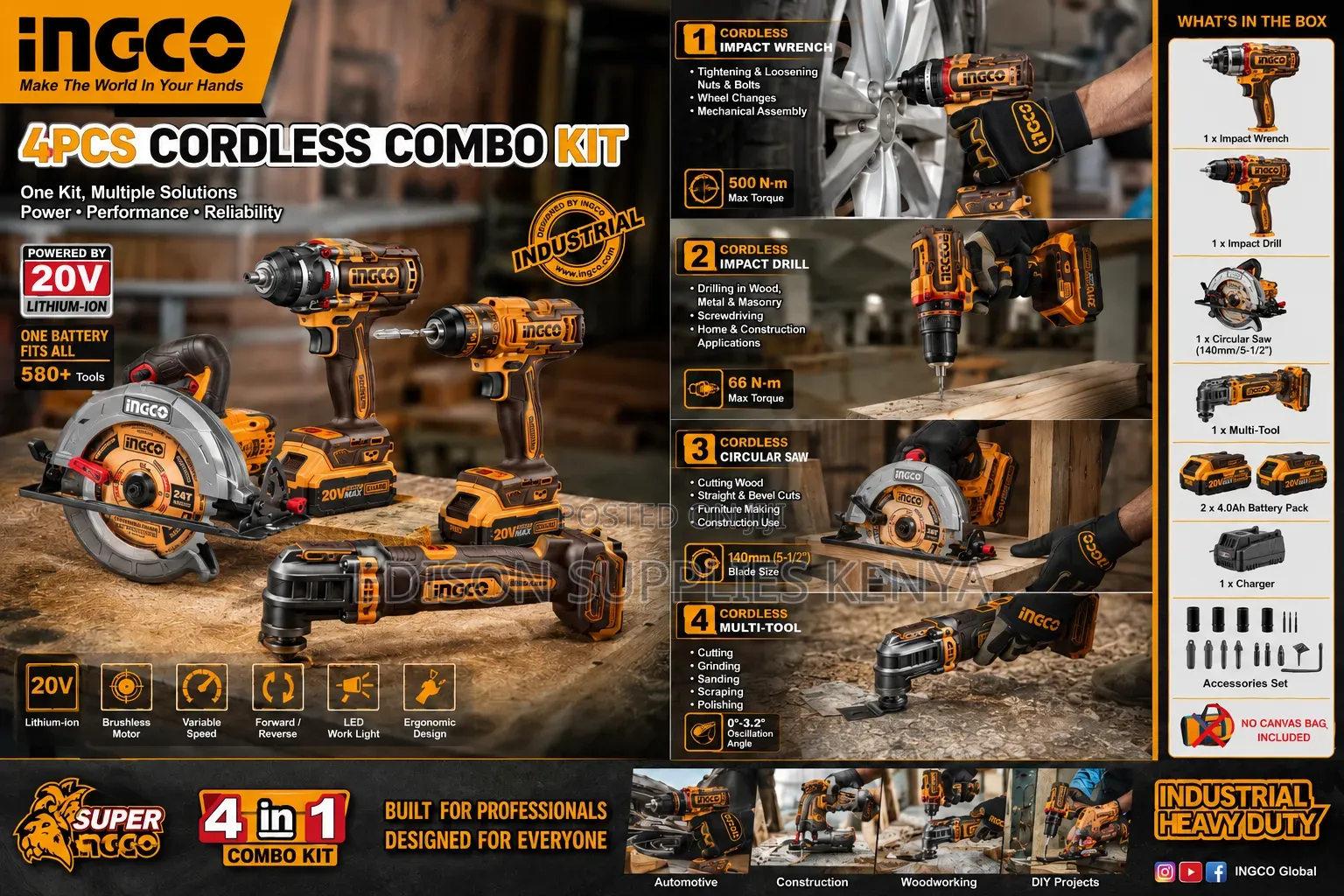 4Pcs INGCO Cordless Combo Drill Impact Wrench Circular Saw Multi-Tools