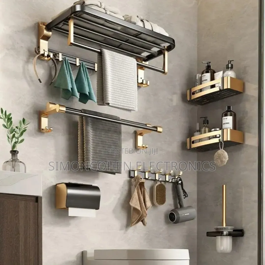 7pcs Black and Gold Multifunctional Aluminum Bath Towel Storage Rack