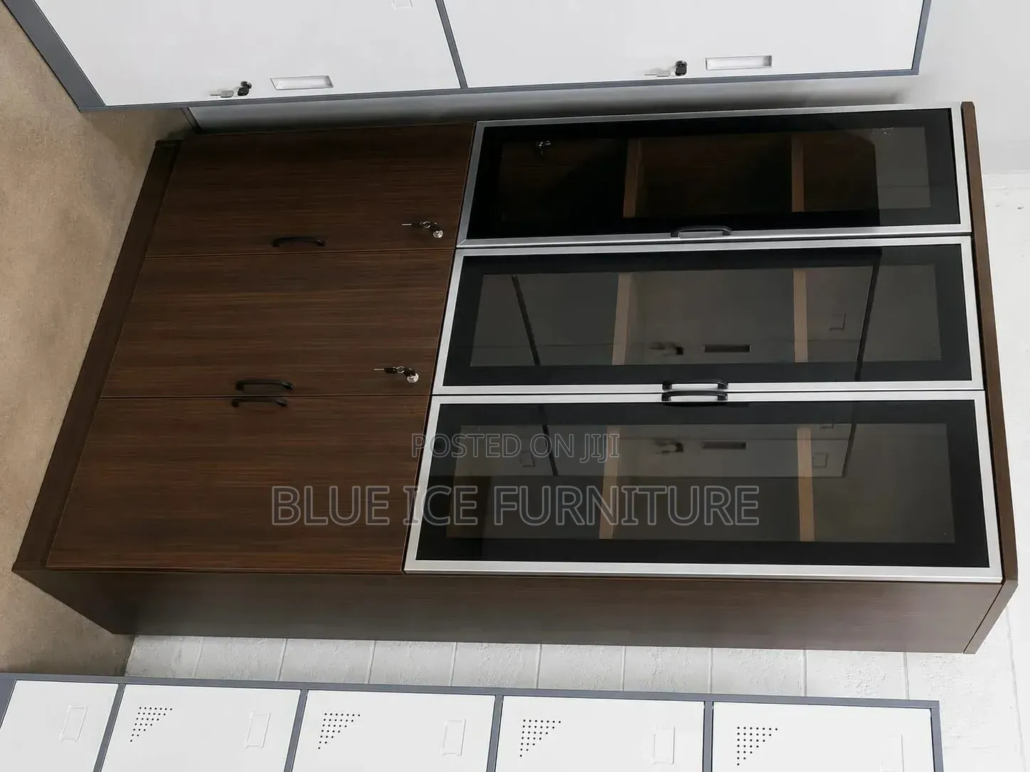 3-Door Wooden Office Filling Cabinet With Glass Display