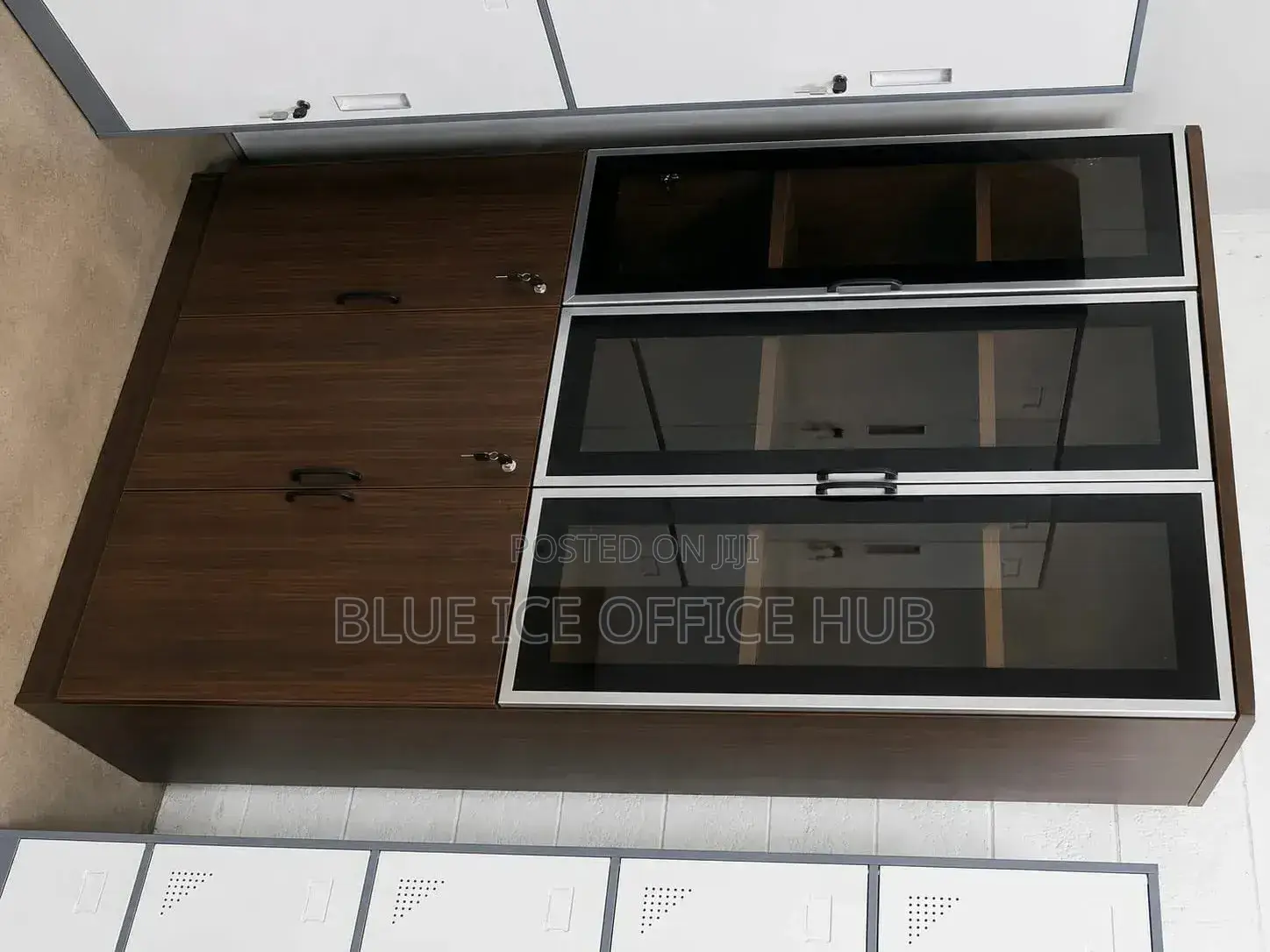 3-Door Wooden Office Filling Cabinet With Glass Display