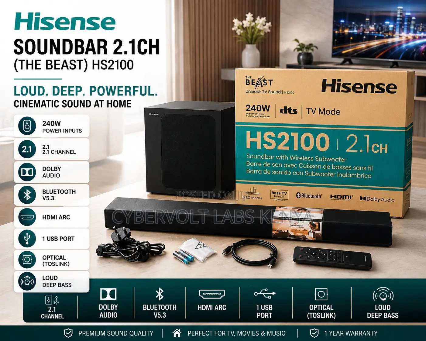 Hisense HS2100 2.1CH 240W Bluetooth Soundbar With Wireless Subwoofer