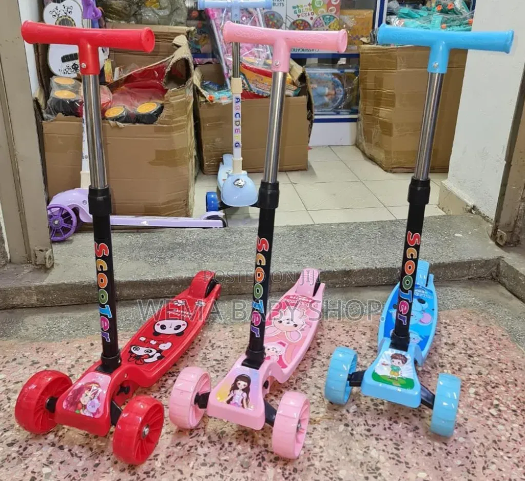 Kids Three-Wheel Kick Scooters With Height-Adjustable Handlebars.
