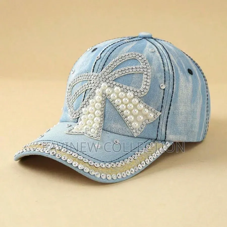 Bow Pearl Diamond Denim Baseball Cap, Spring and Summer New Girls Cap