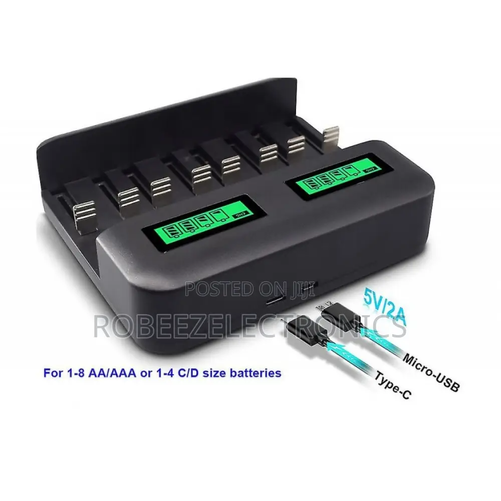 8 Bay Charger for Rechargeable Batteries With 2A Micro-USB and Type C