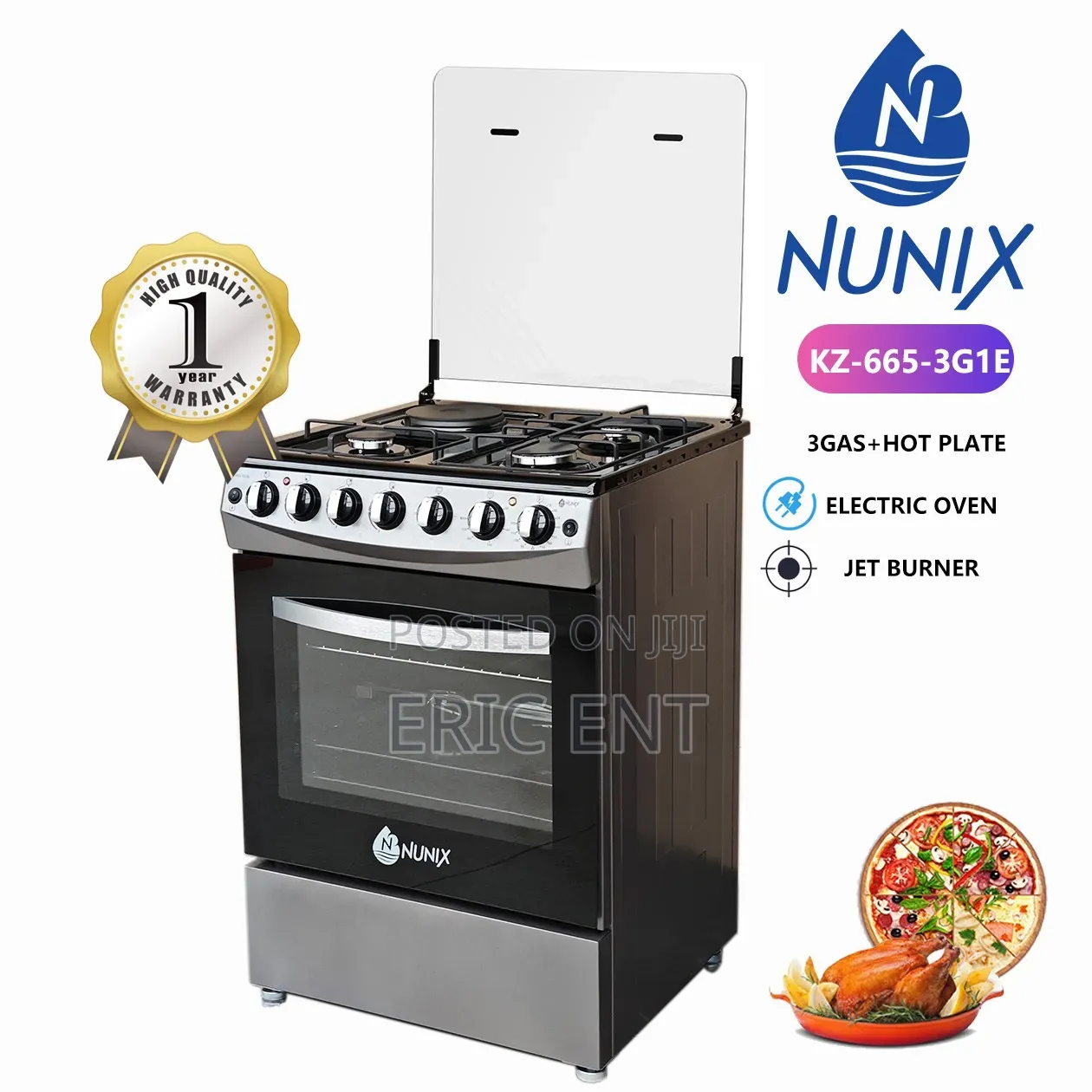 Nunix KZ665-3G1E 60x65 Standing Cooker, 3 Gas Jet Burners