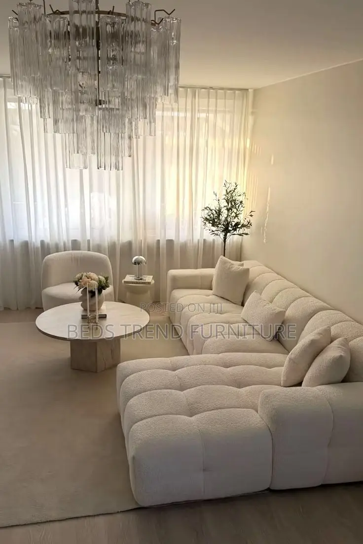 6-Seater L Seat White Bubble Fabric Sofa