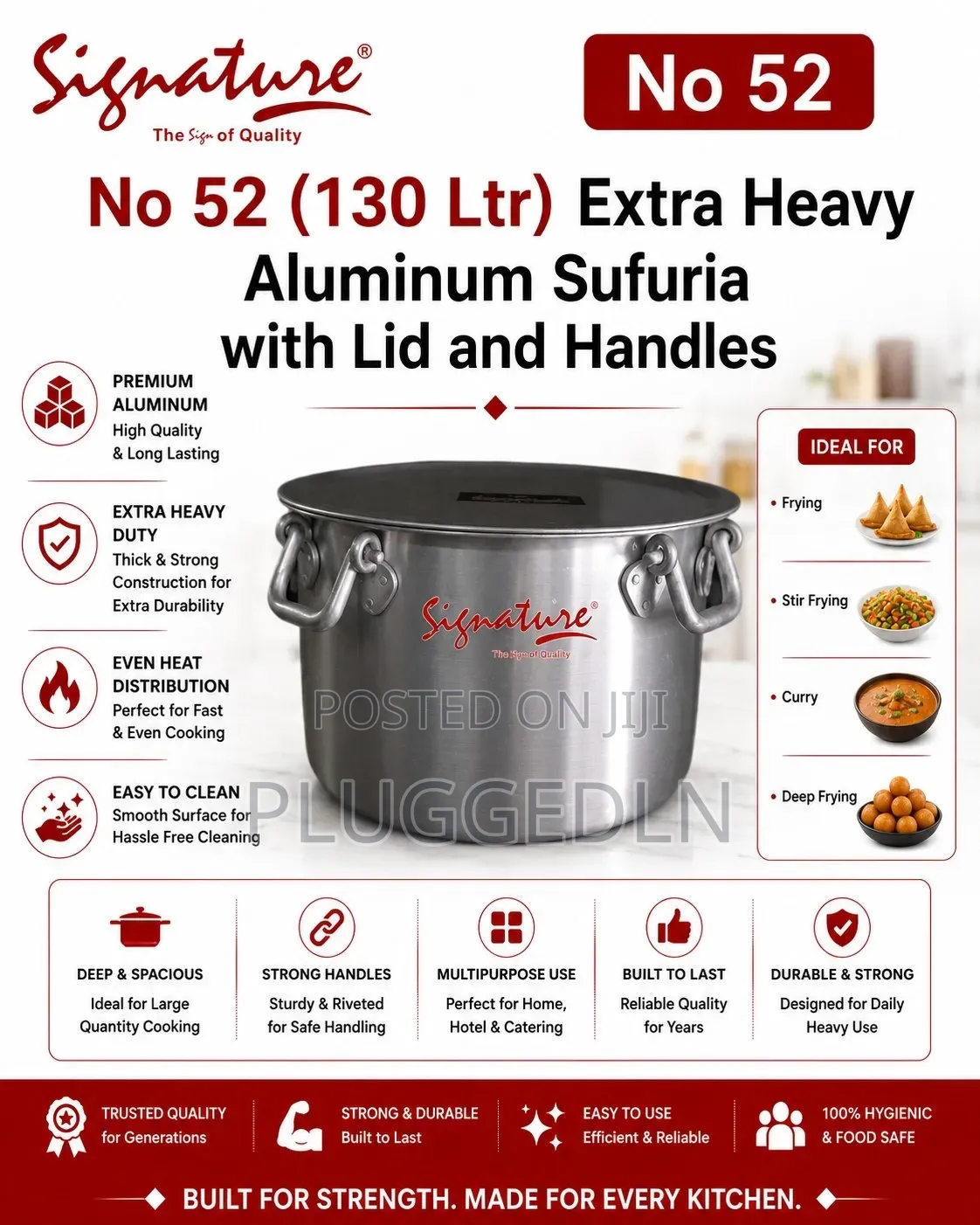 Aluminum Extra Heavy Sufurias With Lid and Handle 130L.