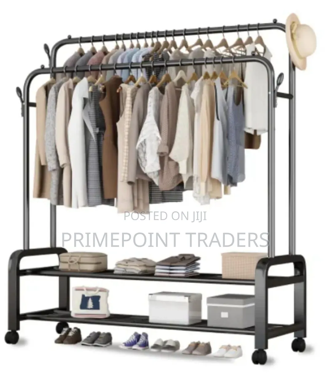 Heavy-Duty Double Pole Garment Rack on Wheels With Shoe Stand