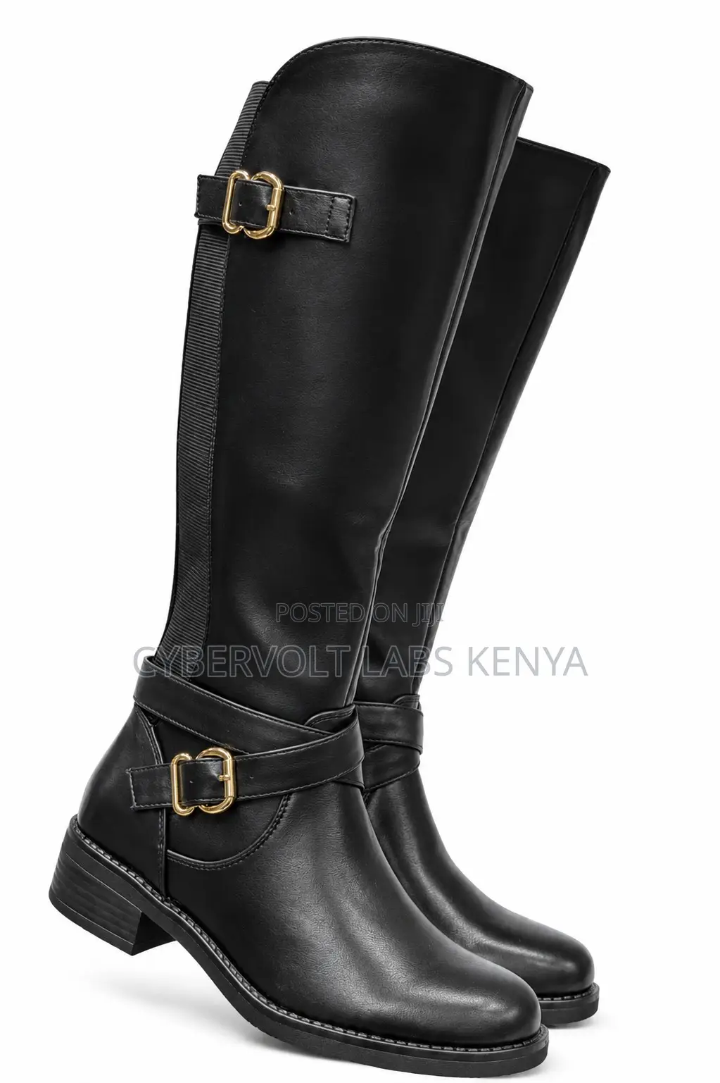 Ladies Knee High Black Leather-Look Boots – Comfortable Low Block Heel