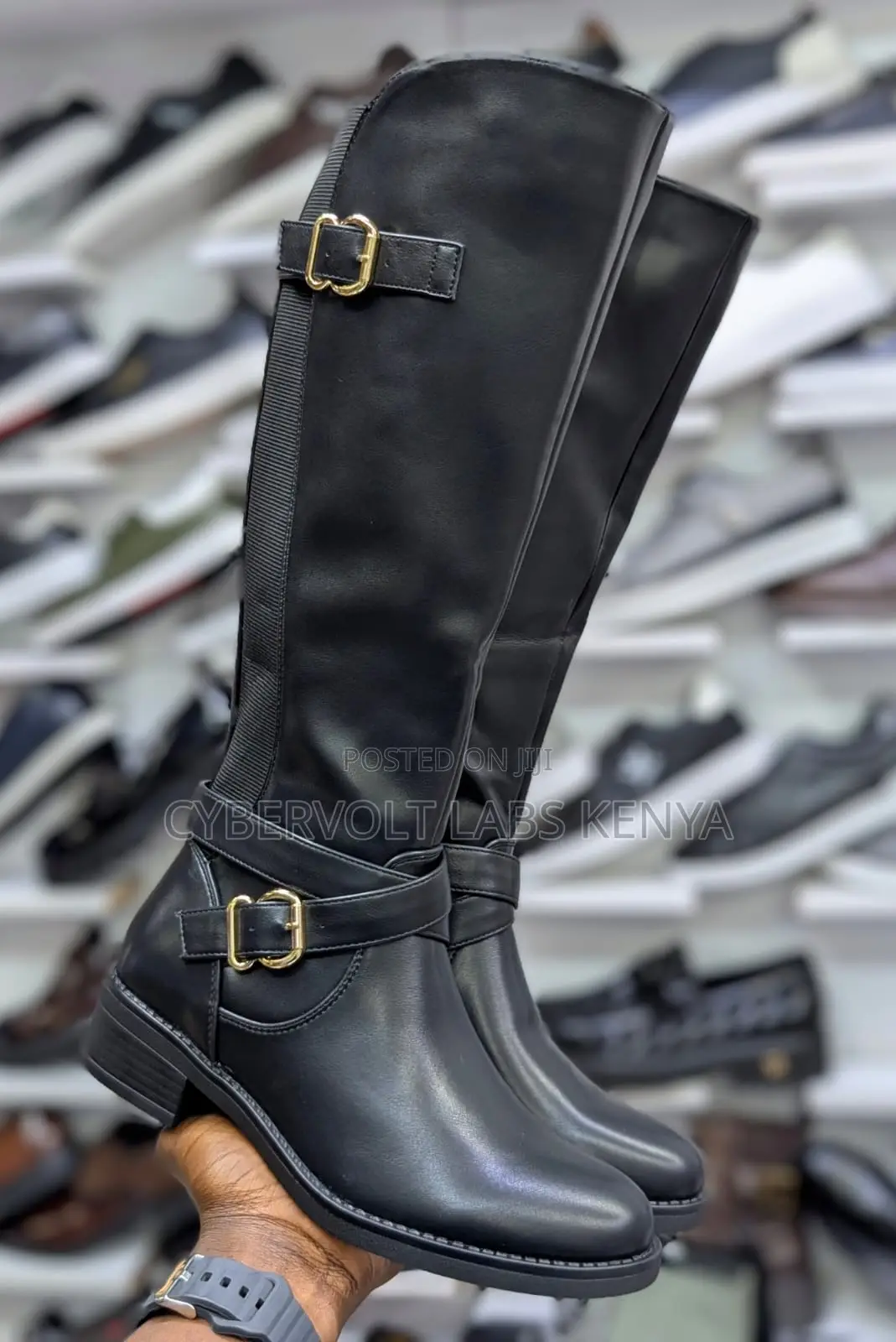 Ladies Knee High Black Leather-Look Boots – Comfortable Low Block Heel
