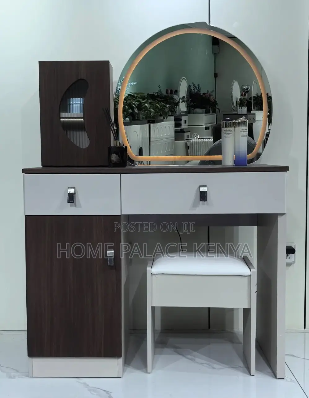 Vanity Table: Two Toned Wooden Vanity Lighted Mirror and Leather Knobs