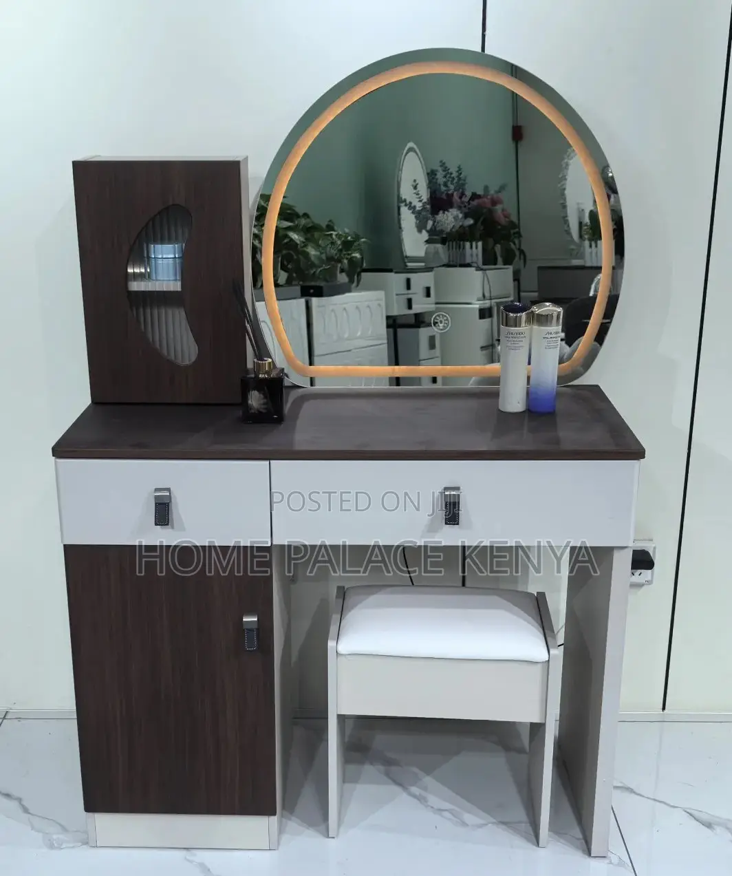 Vanity Table: Two Toned Wooden Vanity Lighted Mirror and Leather Knobs