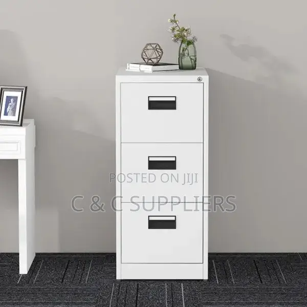 3-Drawer White Metal File Cabinet.