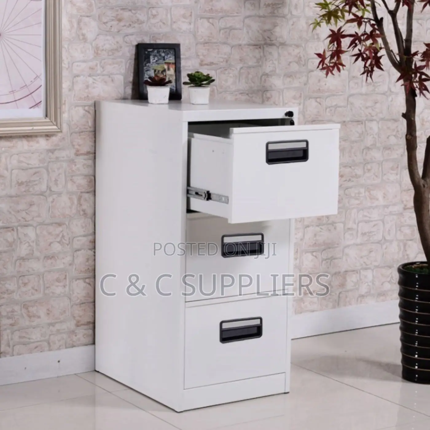 3-Drawer White Metal File Cabinet.
