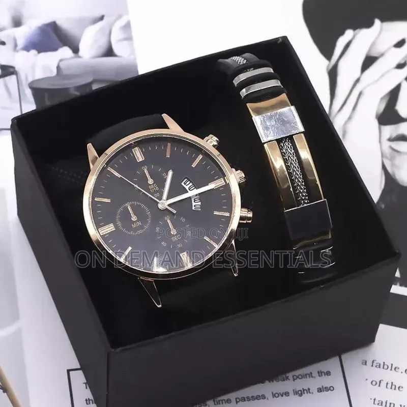 2pcs/Set Man Watch Bracelet Set Fashion Leather Band Alloy Case