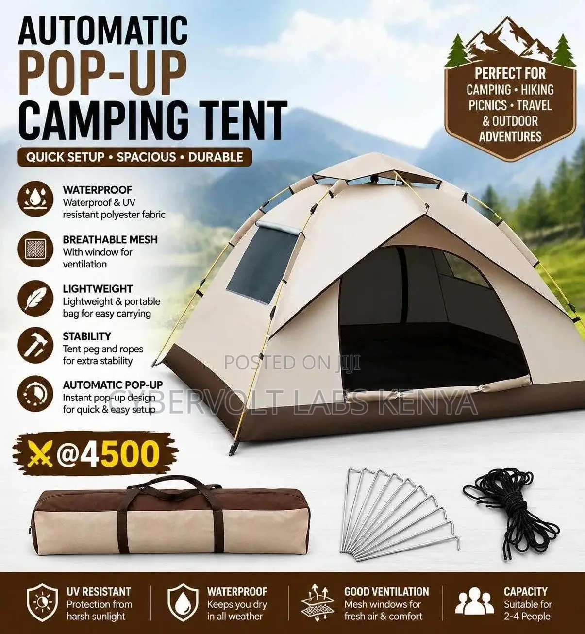 Automatic Pop Up Waterproof Camping Tent 2-4 Person With Carry Bag